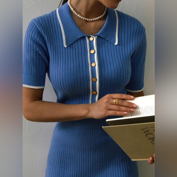 CHIC CONTRAST COLLARED SHORT SLEEVE HALF BUTTON RIB KNIT SWEATER MIDI DRESS - Picture 2 of 7